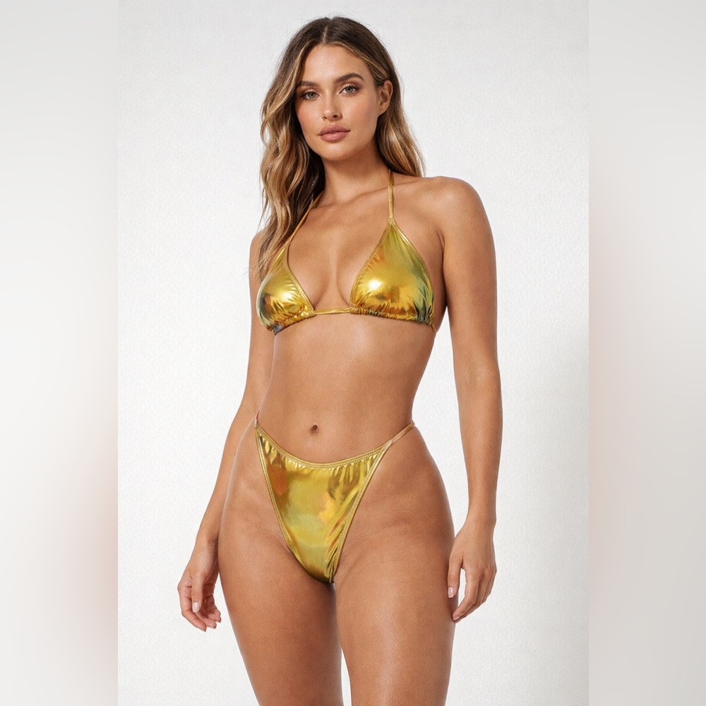 NWT Bond-Eye, gold high rise bikini set size L